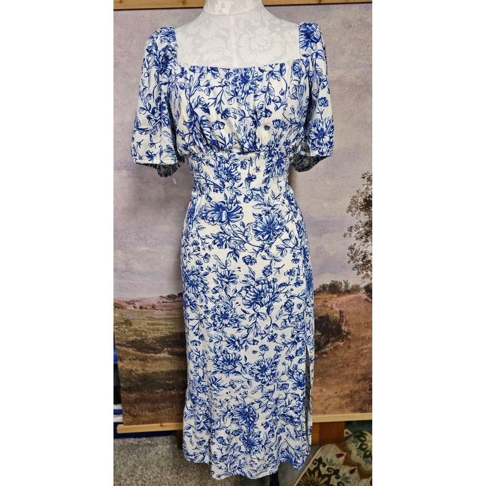 London Times Floral-Print Puff-Sleeve MIDI Dress 16 US White/denim Blue